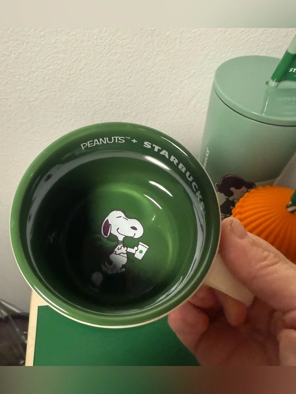 (3) Starbucks, Snoopy glass cold cup, stainless steel cold cup, & ceramic mug.
